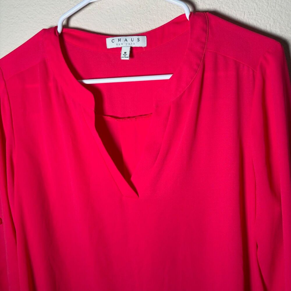 Chaus Blouse Women's Medium Pink Neon V-Neck 3/4 Sleeve Lightweight Top - Picture 3 of 8